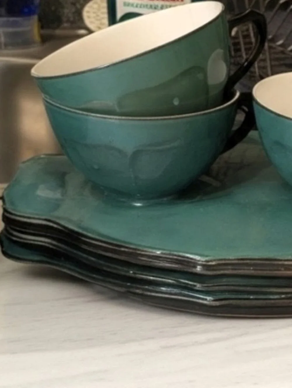 Vintage Czechoslovakia Teal Porcelain Snack Set - 3 Cups & Plates
